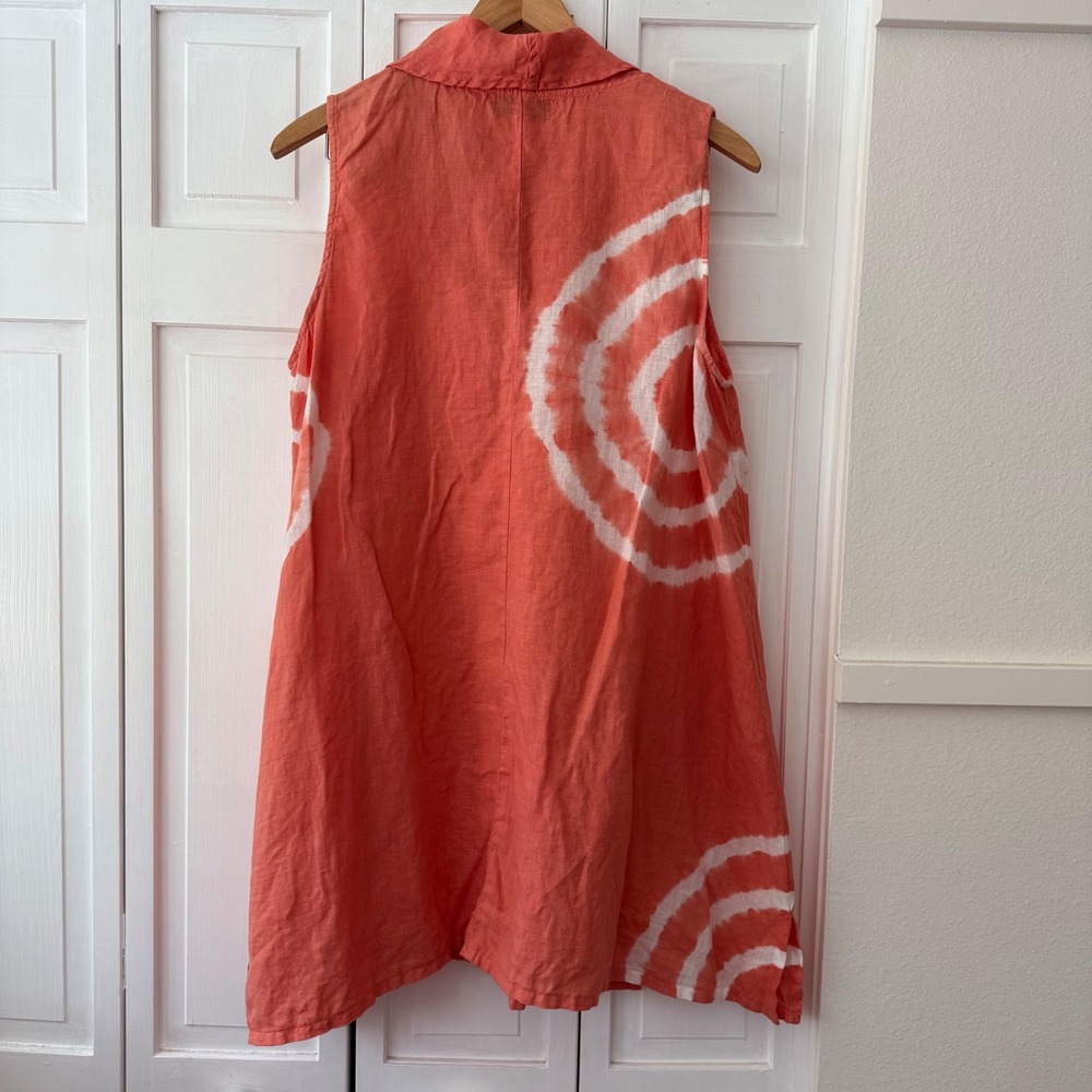 Camille & Co Artsy Lagenlook Coral Linen Tie Dye Cowl Neck Tunic Dress Pockets - Picture 2 of 5